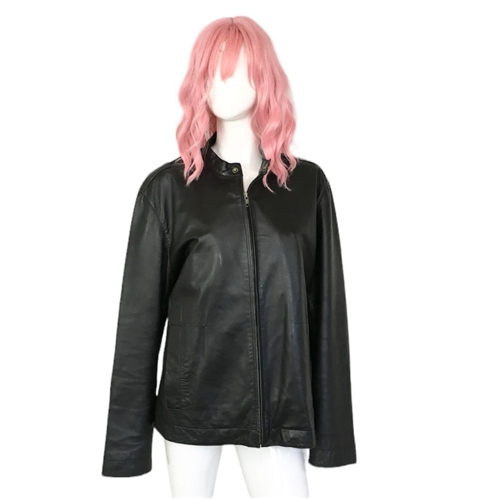 INC Black 100% Genuine Leather Center Zipper Motorcycle Jacket L